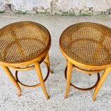 Pair of vintage bar stools, curved wood and cane