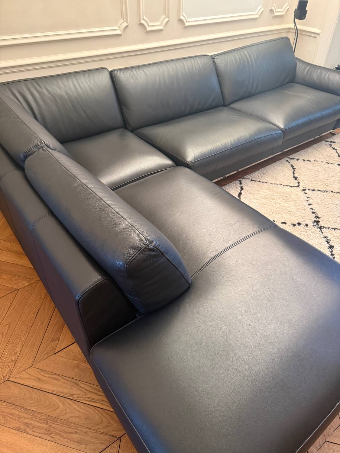 Canapé, cuir noir, Roche Bobois avec méridienne, canapé d’angle