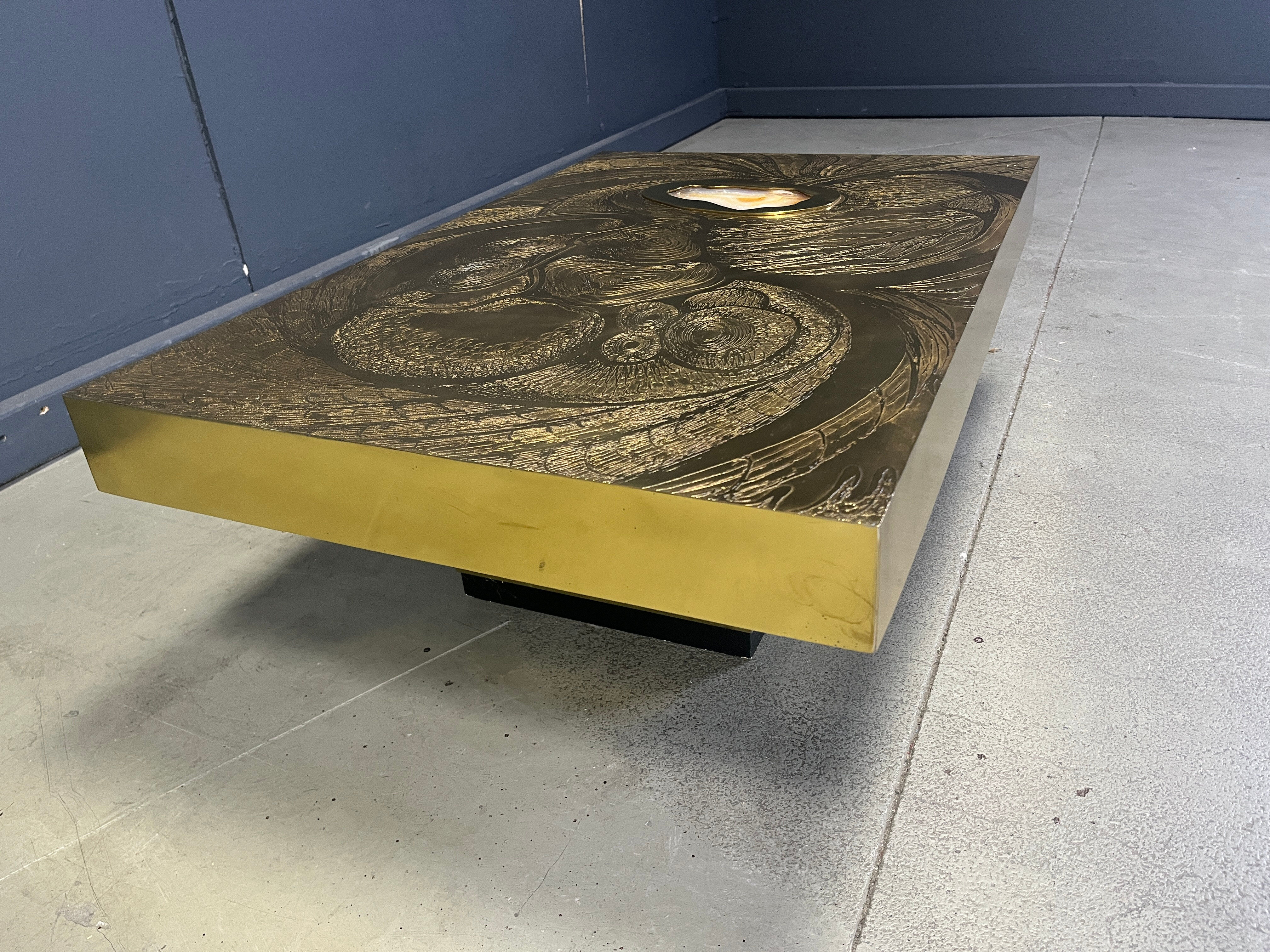 Etched brass and inlaid agate coffee table by Felix De Boussy, Belgium