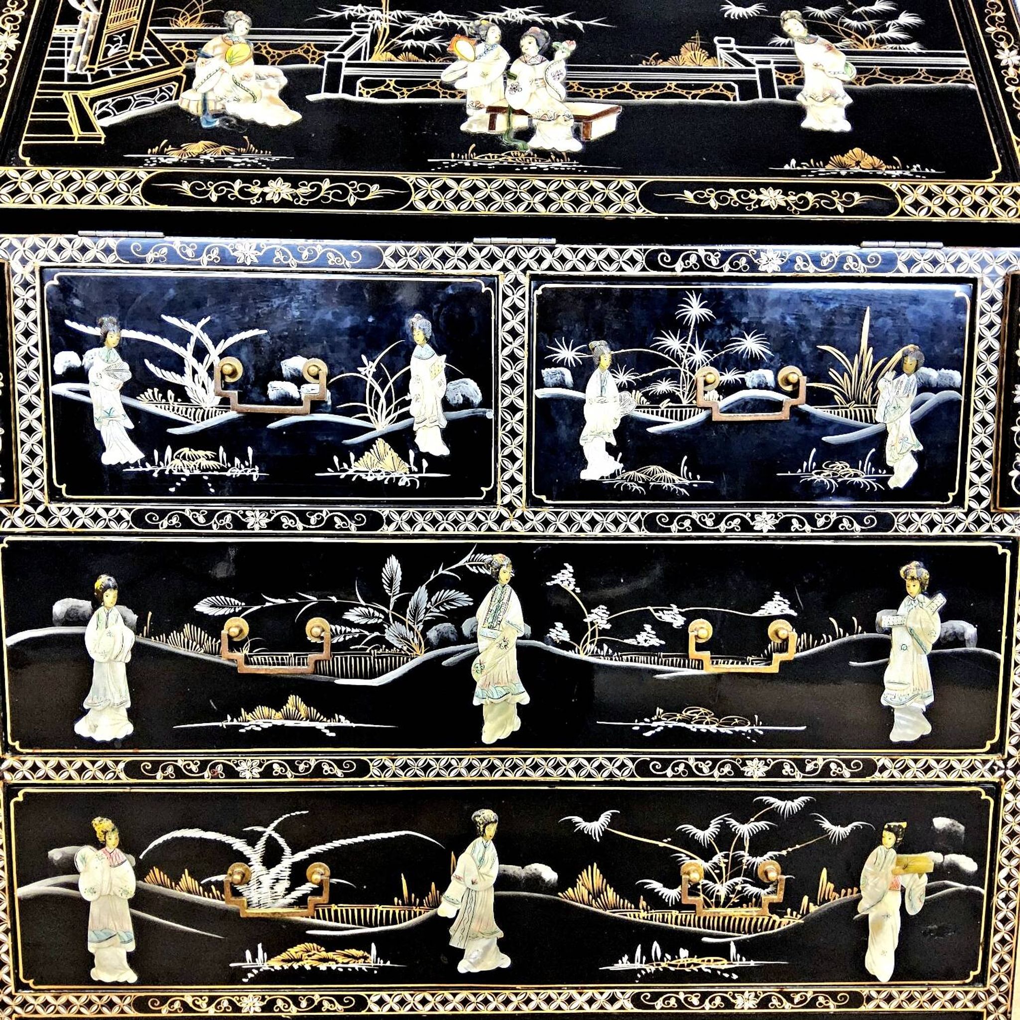 Vintage Chinese lacquer secretary desk with mother-of-pearl