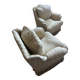 Pair of vintage bergère armchairs in striped ecru and beige fabric.