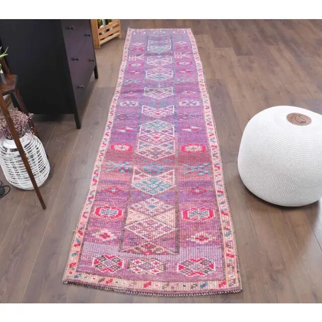 Vintage Turkish Oushak Handmade Cotton Purple Wool Runner Rug 80x348