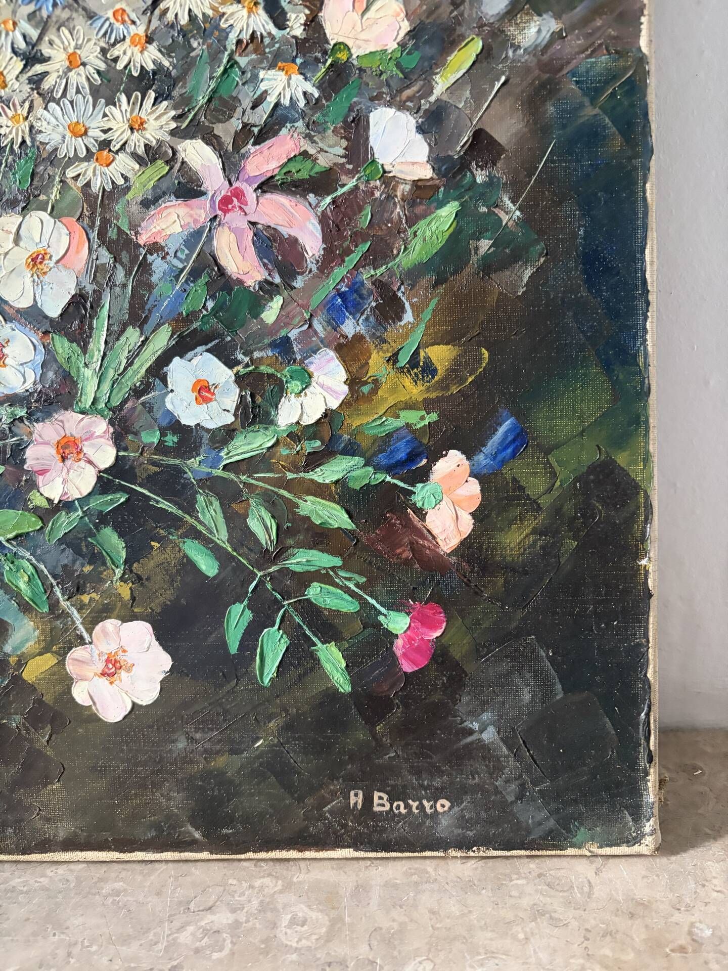 Wildflower bouquet with foxgloves, knife oil painting signed H Barro.