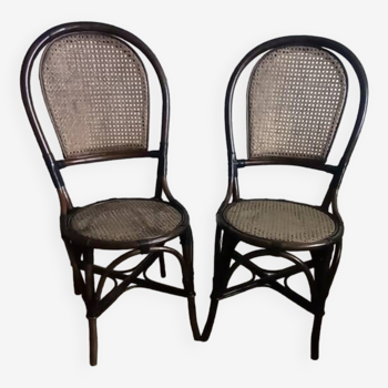 Paire de chaises bistrot vintage en bambou et cannage