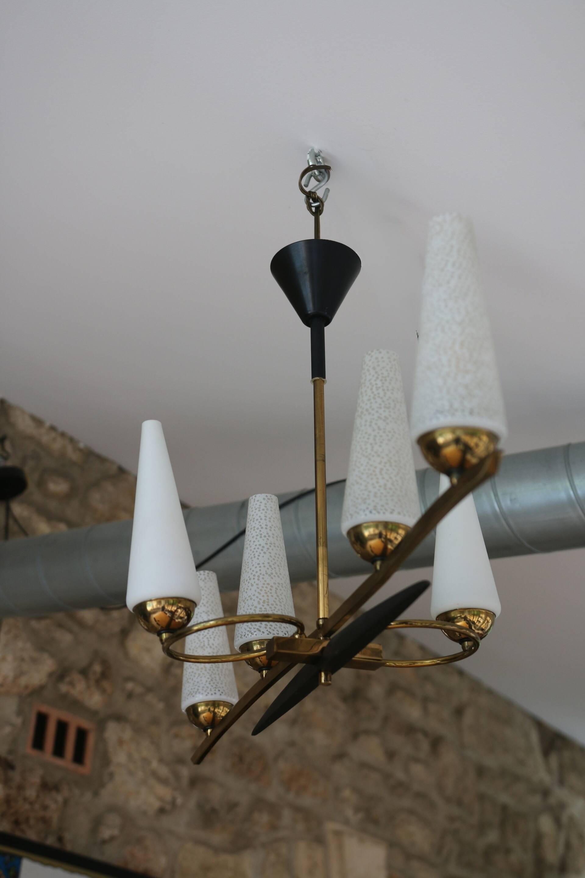 Mid-Century 6-Light Chandelier - Opaline and Brass