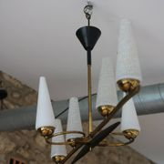 Lustre 6 feux Mid-Century - Opaline et laiton - Style Lunel - Arlus