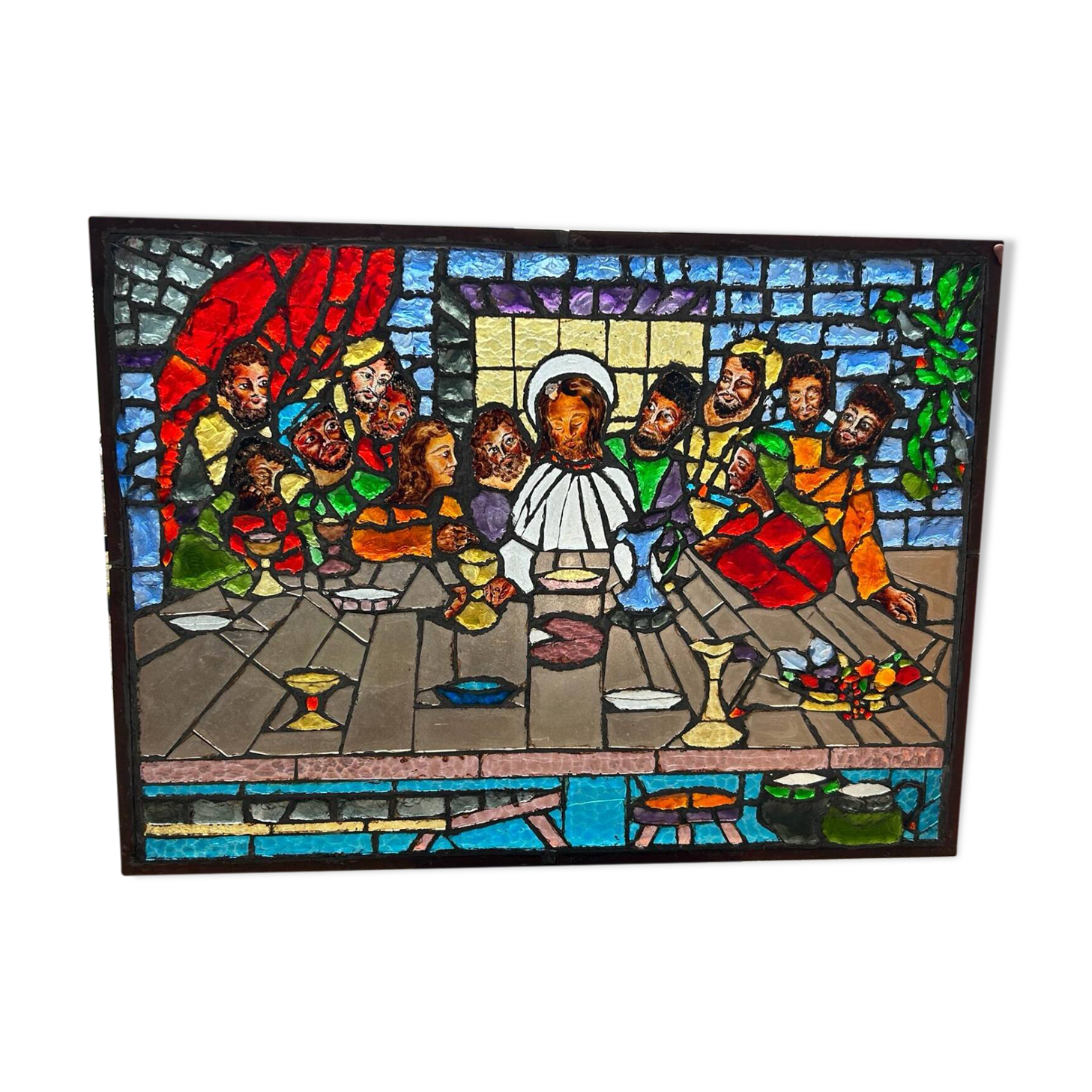 Large stained glass window the last supper circa 1960 - raw glass blocks - h 119 x l 161 cm