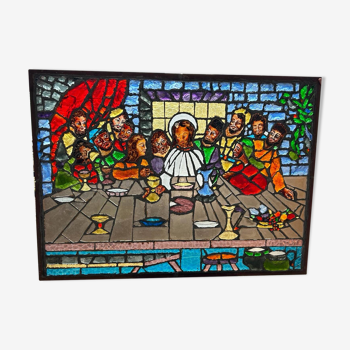 Large stained glass window the last supper circa 1960 - raw glass blocks - h 119 x l 161 cm