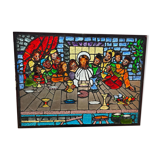 Large stained glass window the last supper circa 1960 - raw glass blocks - h 119 x l 161 cm