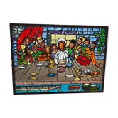 Grand vitrail la cène circa 1960 - blocs de verre bruts - h 119 x l 161 cm
