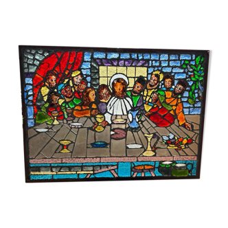 Large stained glass window the last supper circa 1960 - raw glass blocks - h 119 x l 161 cm