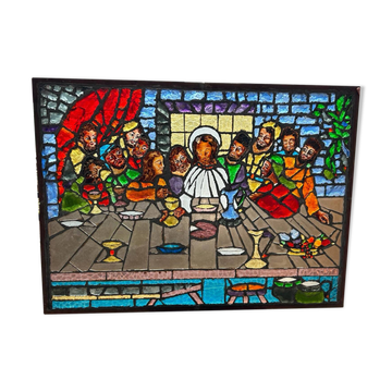 Large stained glass window the last supper circa 1960 - raw glass blocks - h 119 x l 161 cm