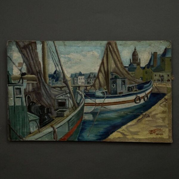 Huile sur toile bateaux de pêche à quai 1956