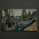 Oil on canvas fishing boats at the quayside 1956