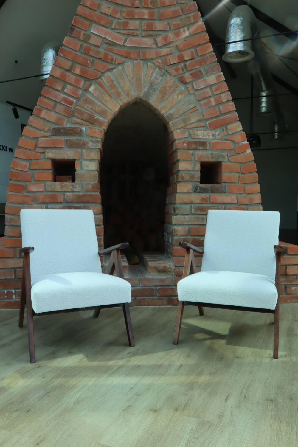 Vintage armchair mid century modern design white boucle dark walnut wood colour 1970 restored chair