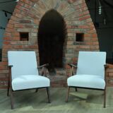 Vintage armchair mid century modern design white boucle dark walnut wood colour 1970 restored chair