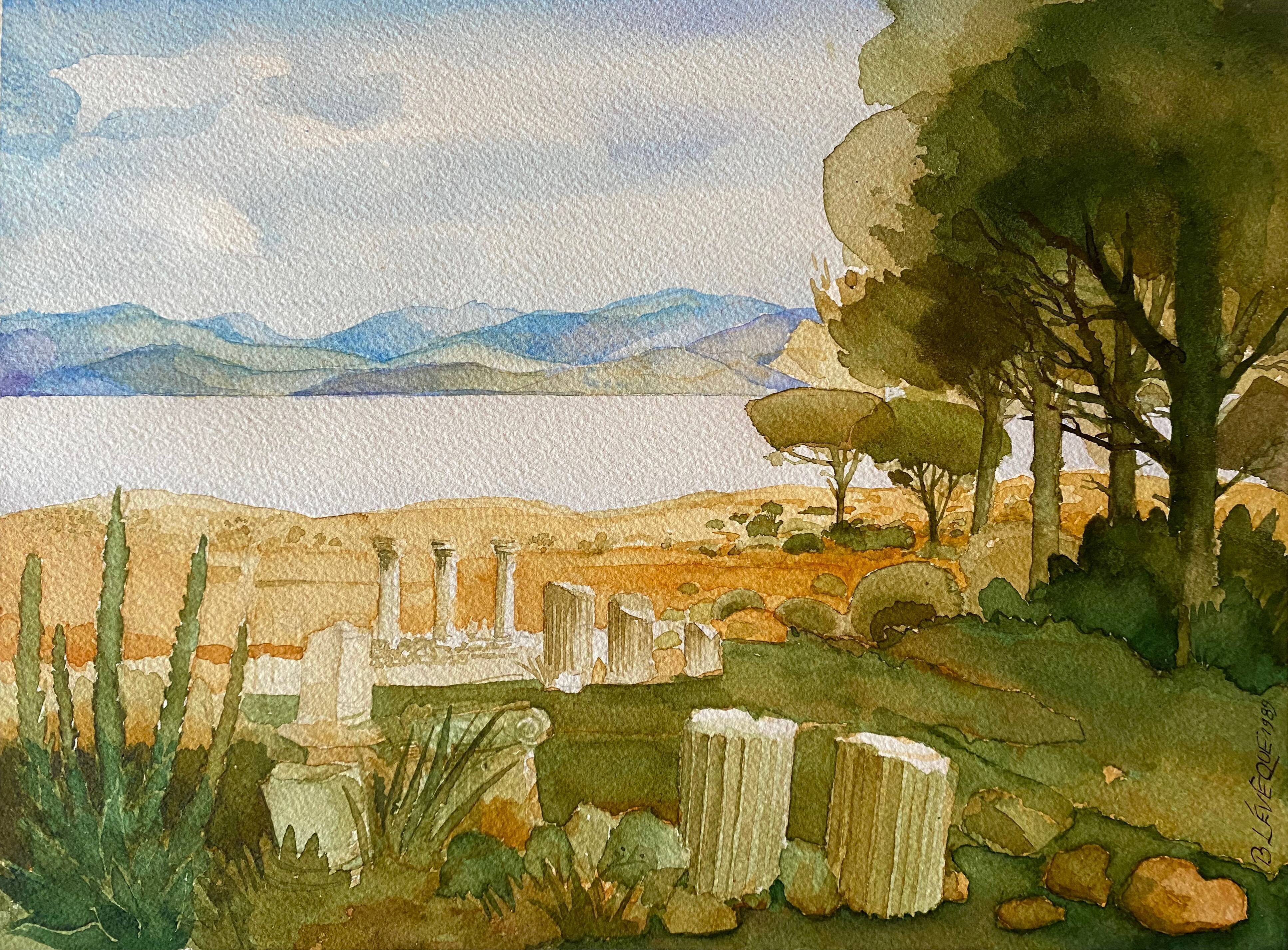 Watercolor painting "landscape of Greece" Ruin signed Leveque 1989