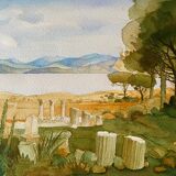 Watercolor painting "landscape of Greece" Ruin signed Leveque 1989