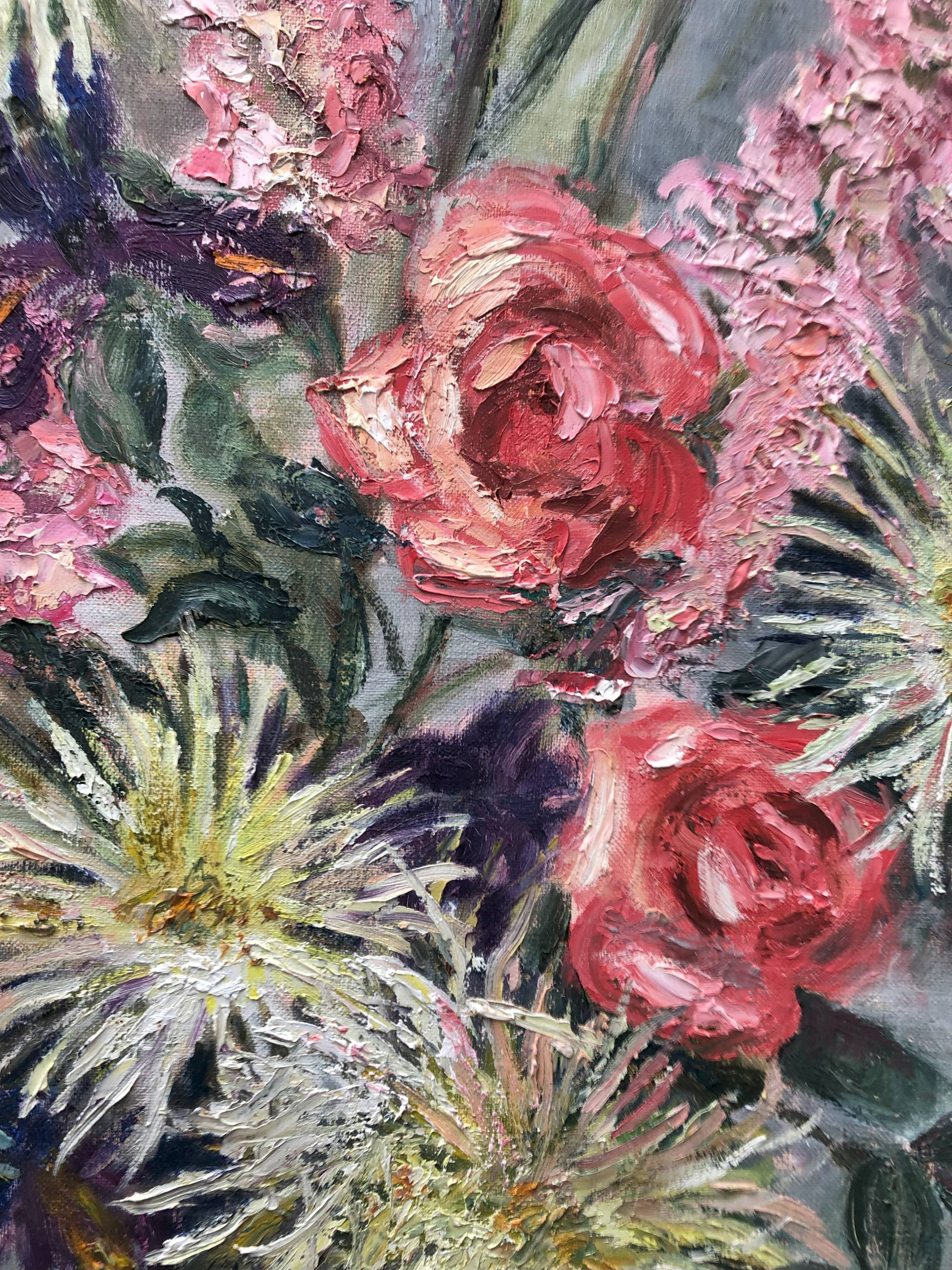 Old painting bouquet of pink flowers, iris, lupine, dahlia