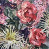 Old painting bouquet of pink flowers, iris, lupine, dahlia