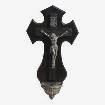 Ancien Crucifix Second Empire en bois ébonisé avec bénitier - Fin XIXème - French - Antique