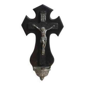 Ancien Crucifix Second Empire en bois ébonisé avec bénitier - Fin XIXème - French - Antique