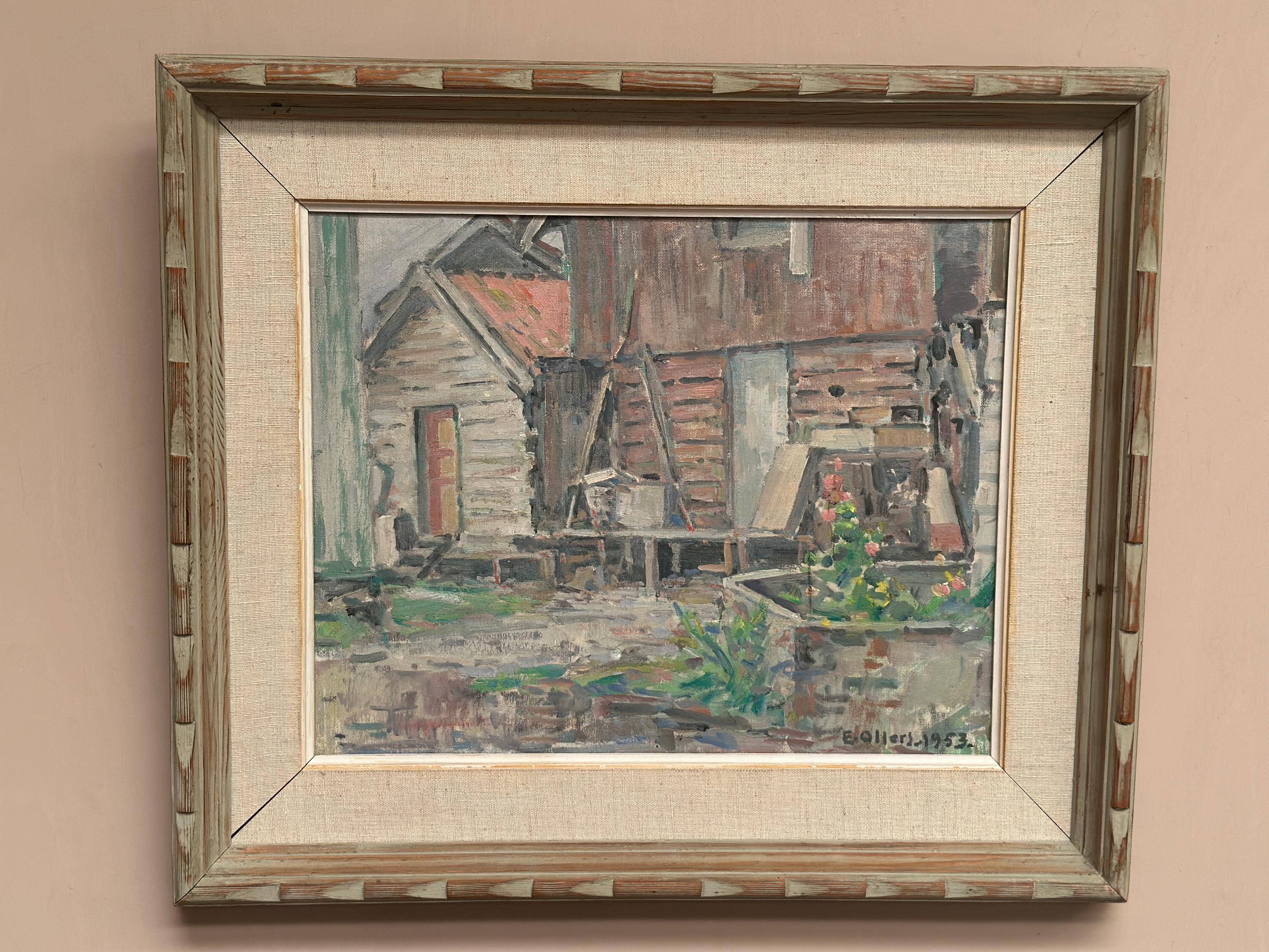Original Swedish Oil on Canvas – “Gårdsmotiv” by Edvin Ollers – Signed