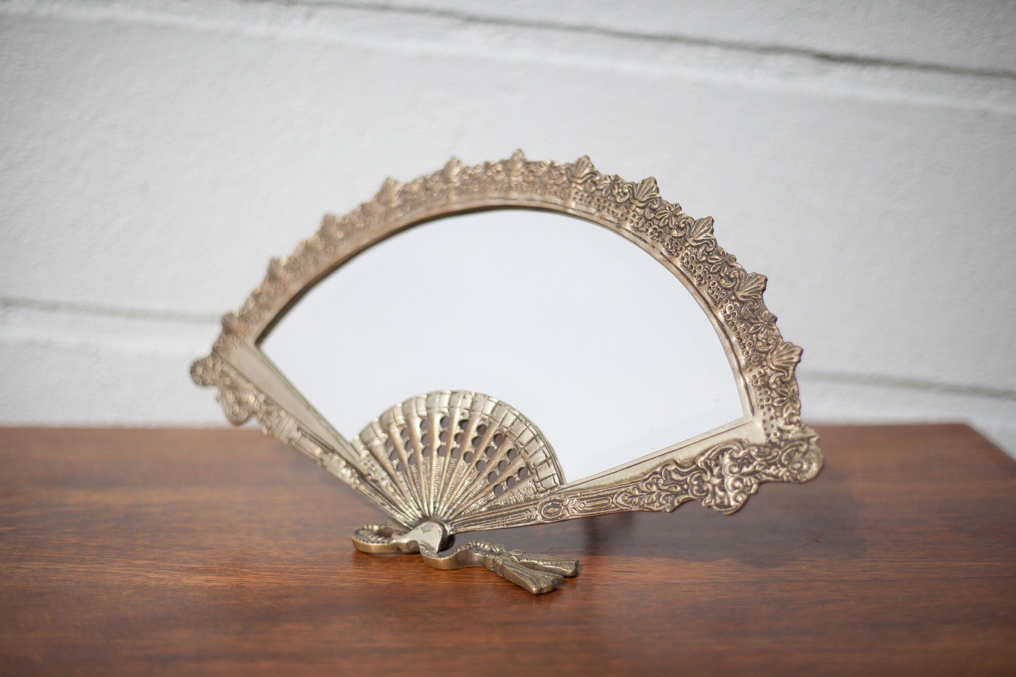 Patinated brass fan mirror, table mirror, courtesy mirror, beveled mirror, mirror to be installed