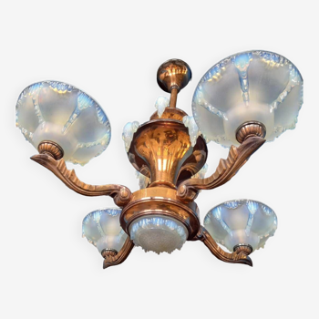 Ezan No Petitot No Boris Lacroix chandelier in copper and art deco opalescent glass