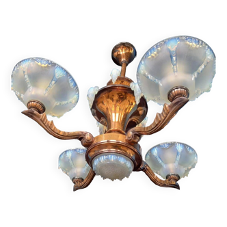 Ezan No Petitot No Boris Lacroix chandelier in copper and art deco opalescent glass