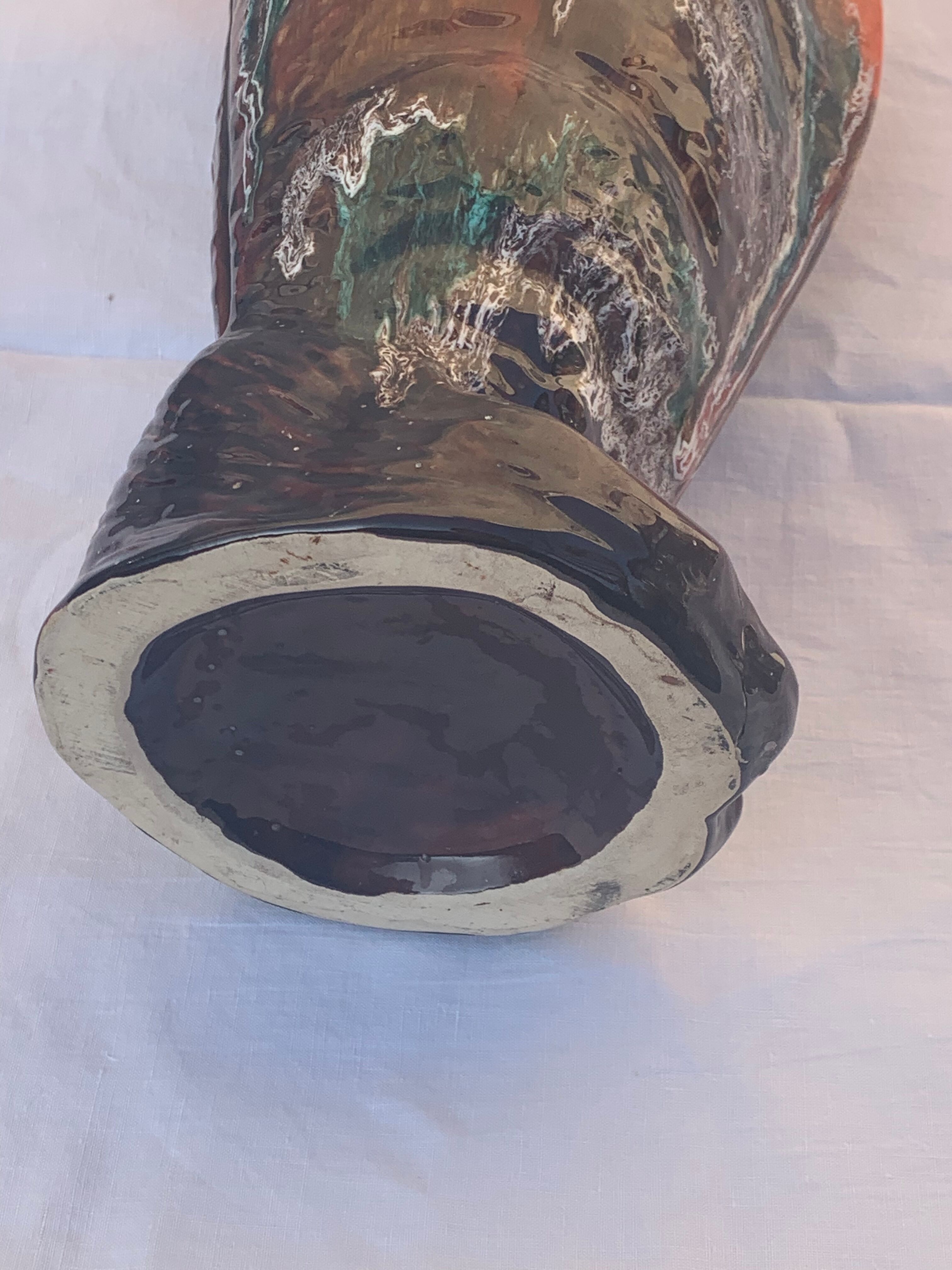 Flamed glazed ceramic slip vase molded pearly vintage vallauris