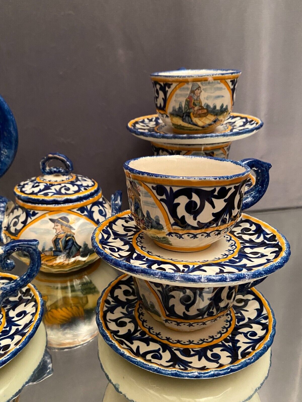 Tea service full coffee earthenware Quimper Henriot cups sugar bowl pot milk jar