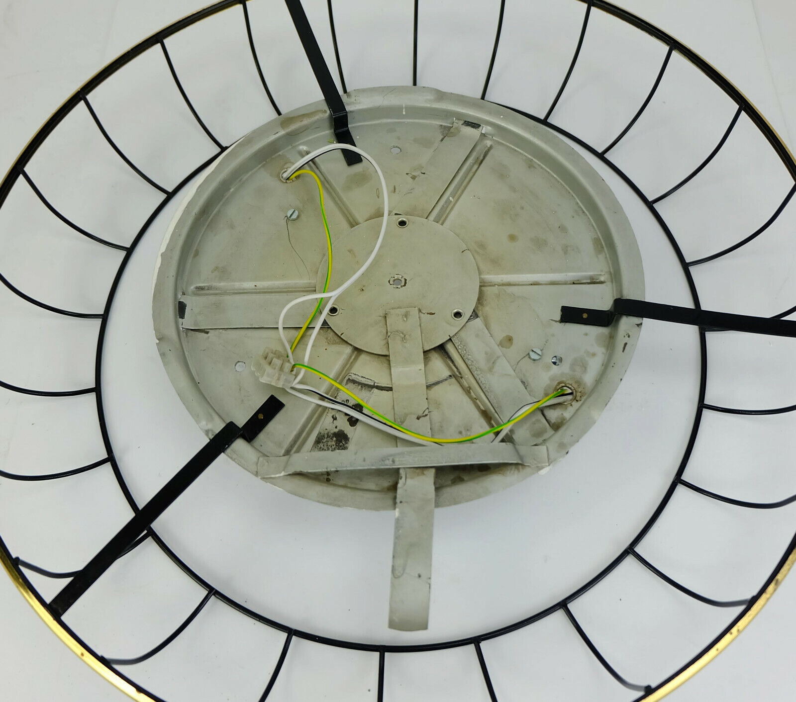 1930s to 50s glass ceiling lamp plafoniere with metal wire and brass frame