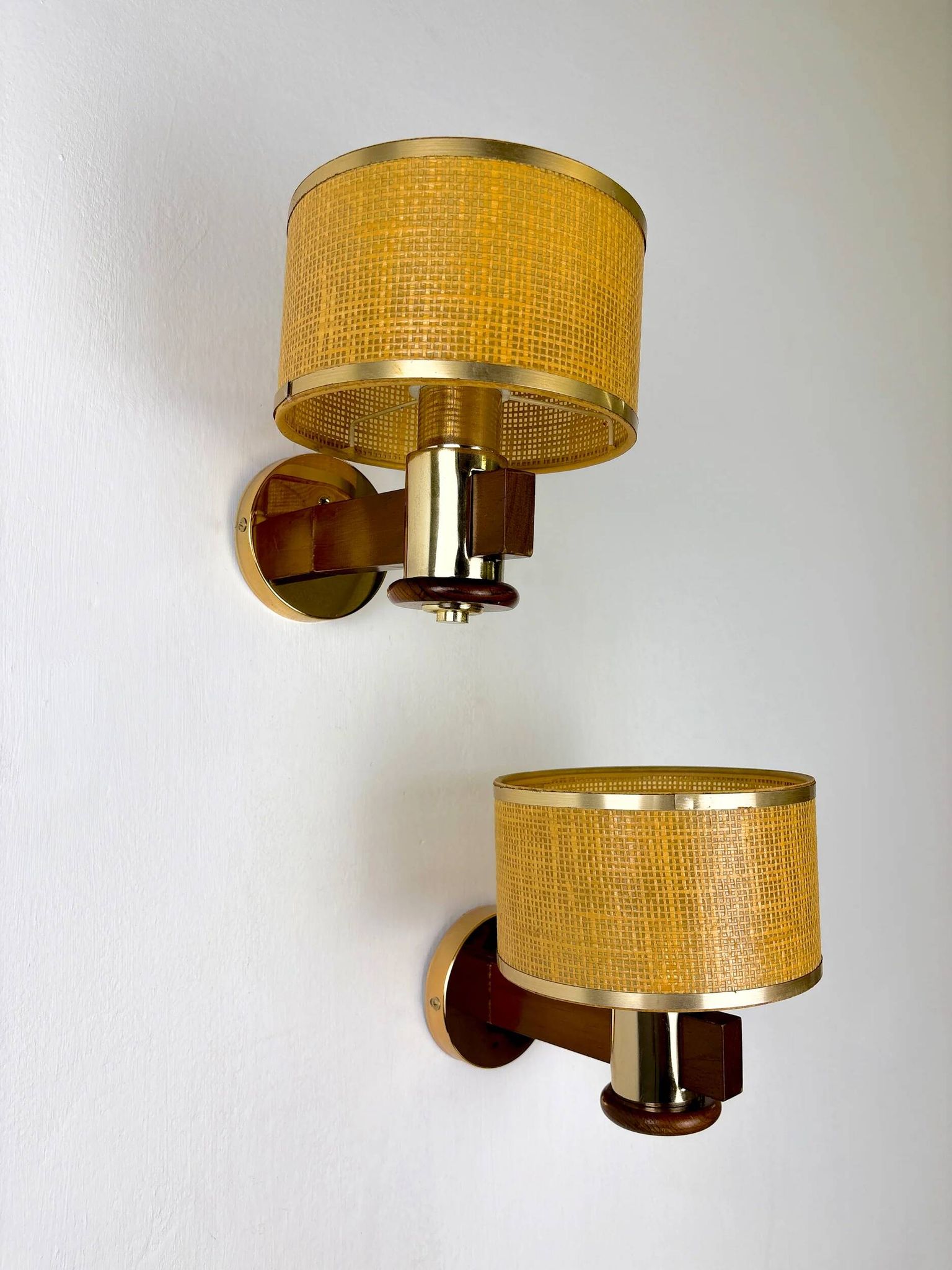 Pair of vintage rattan & wood wall sconces, Italy, circa 1970s