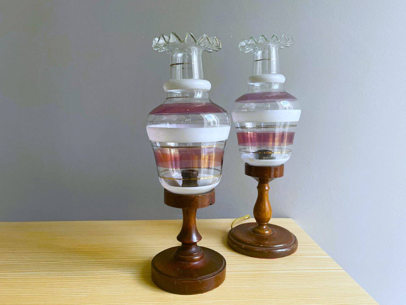 Portuguese Farmhouse rustic wooden table lamps with torch glass shades, 1970s, Set of 2