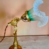 Refined 1930s-40s table lamp in brass and worked glass