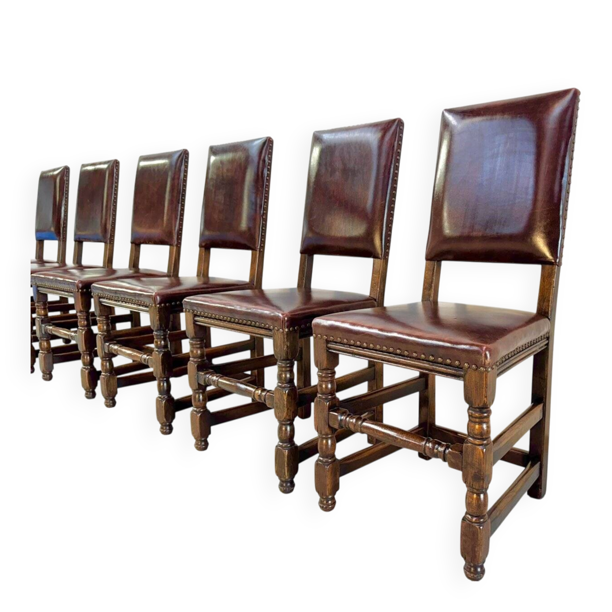 Vintage Handmade French Chairs in Leather & Oak, 1970s.