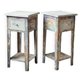 Pair of multicolored patinated bedside tables