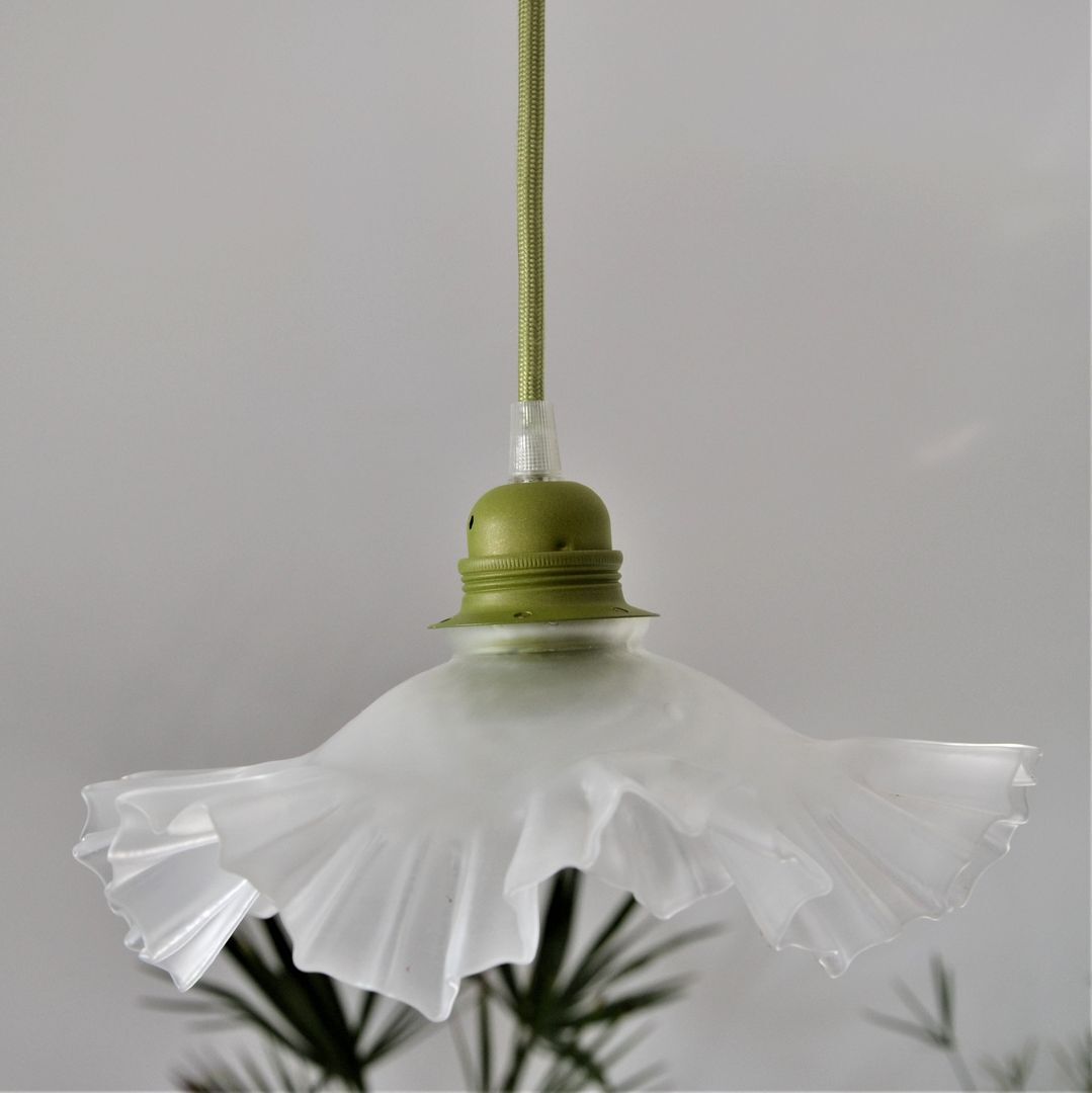 White pleated opaline pendant lamp – Electric mounting in green color