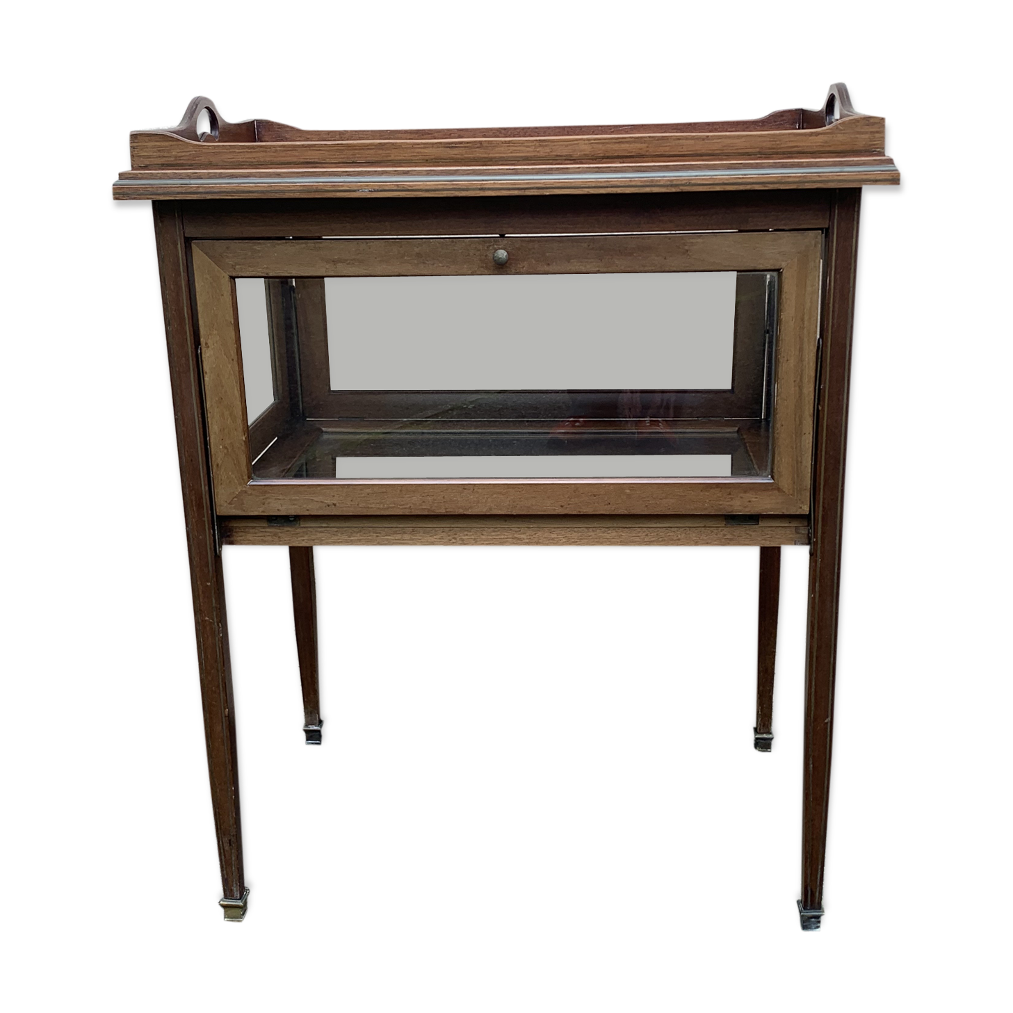 Glass-enclosed old tea table with wooden tray, bronze and brass