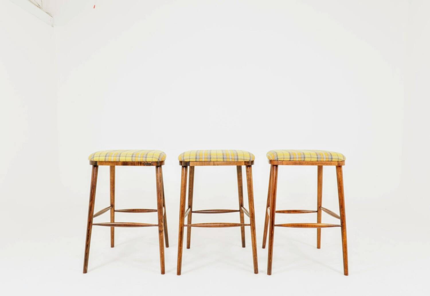 Set of 3 natural wood yellow wool bar stools