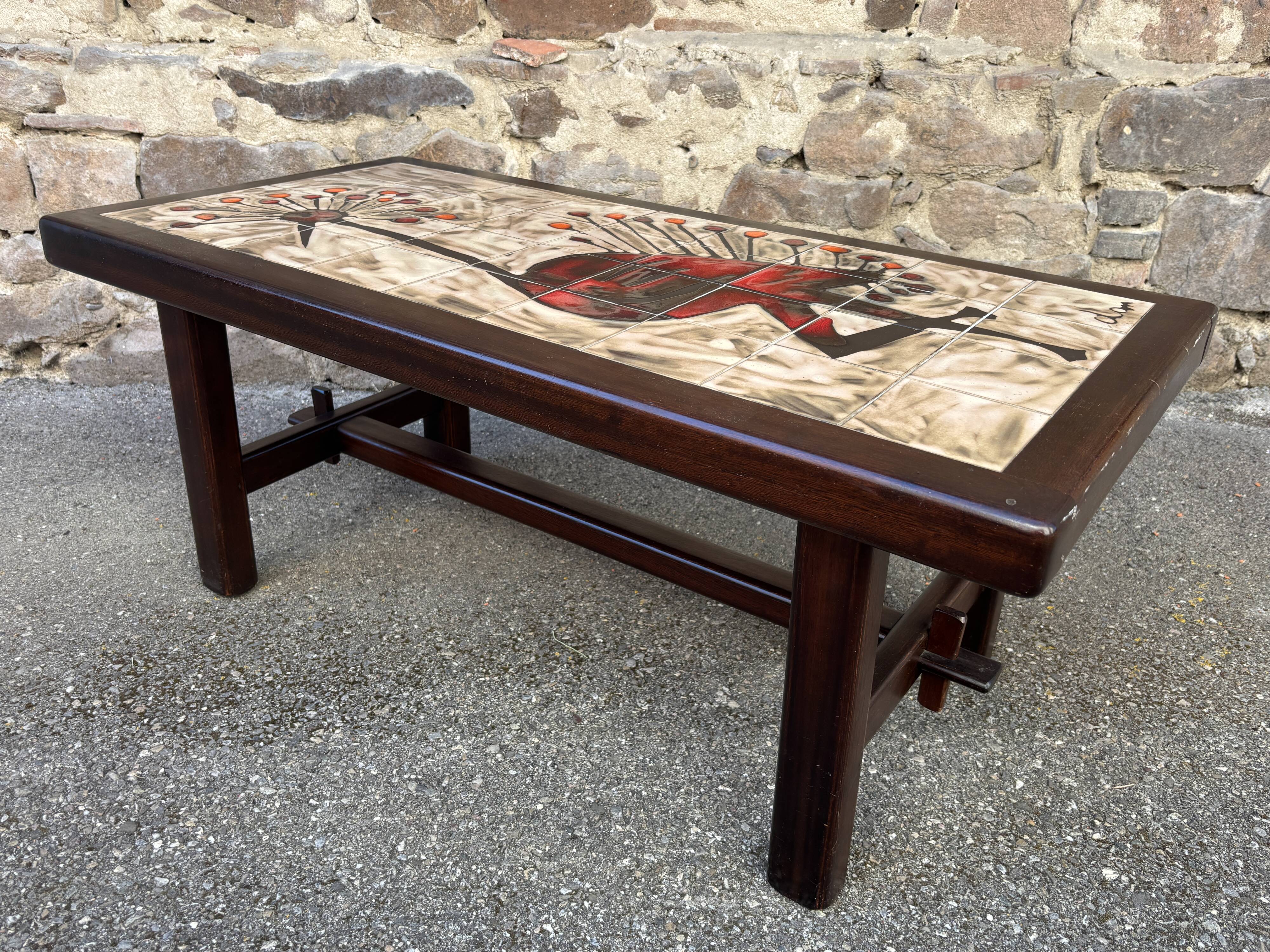 Table basse rectangulaire en bois céramique 1960s Vallauris DAN