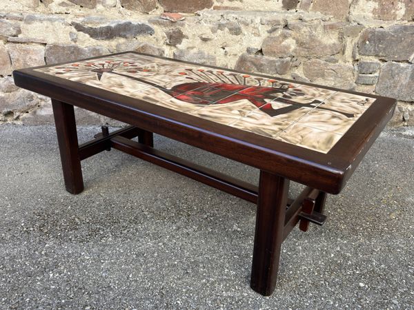 Table basse rectangulaire en bois céramique 1960s Vallauris DAN