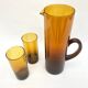 Carafe/pitcher and two amber glasses • Blown glass • France • 1970s