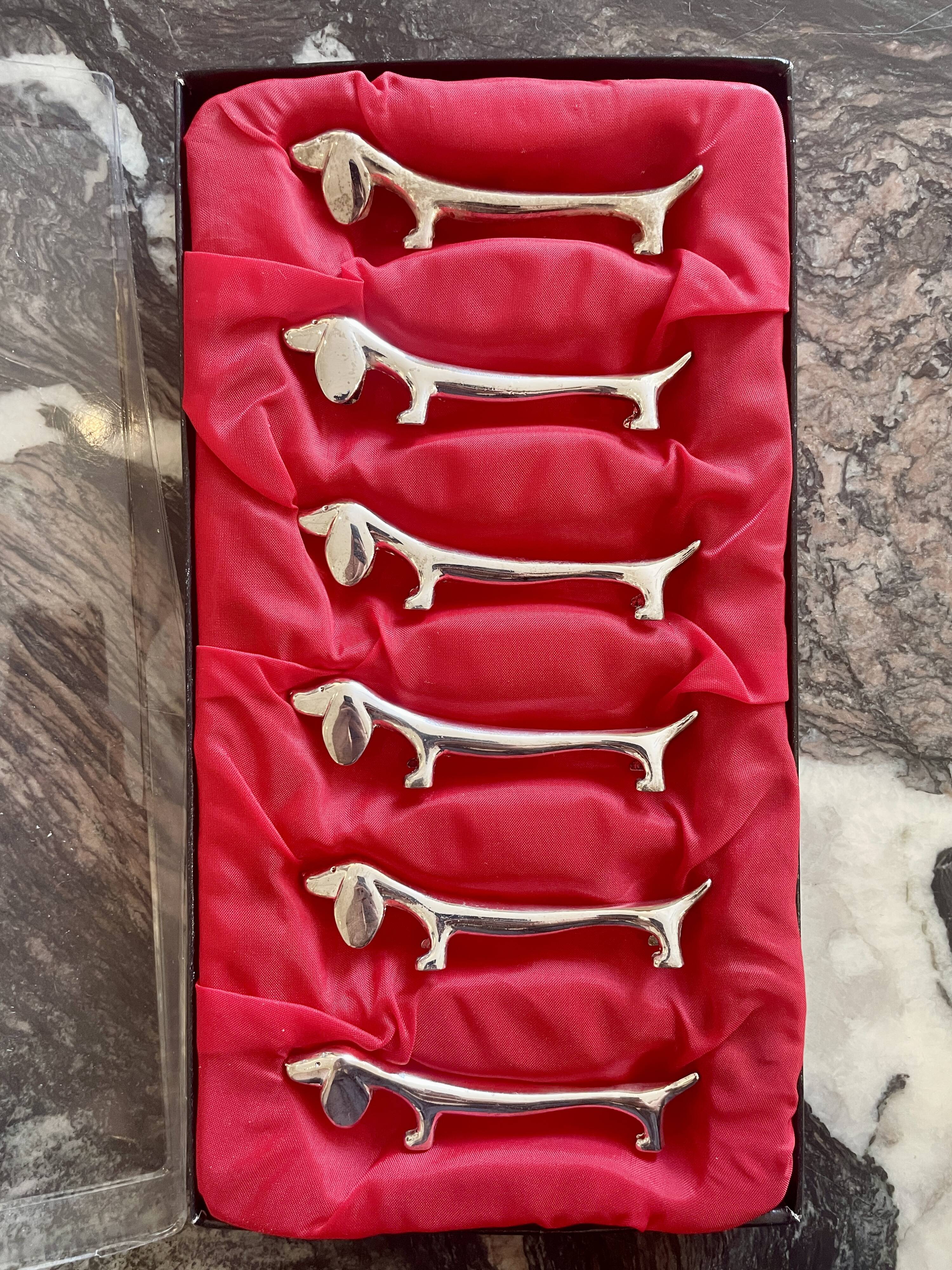 6 silver metal dachshund knife holders