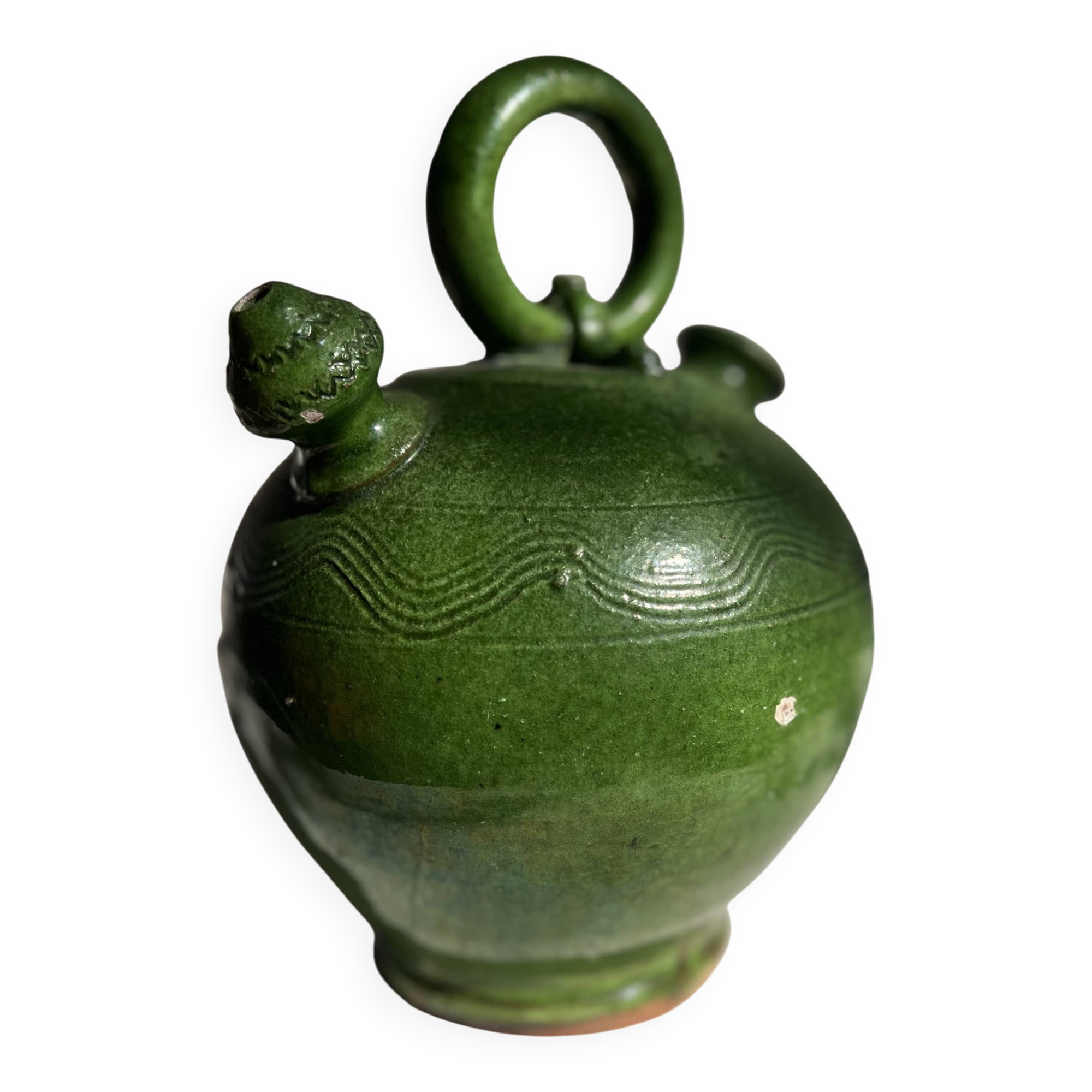 French Antique 19th-Century Green-Glazed Ceramic Water Jug