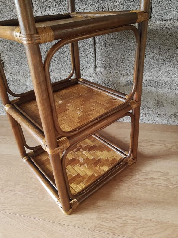 Etagère en rotin et bambou 3 niveaux années 70 vintage