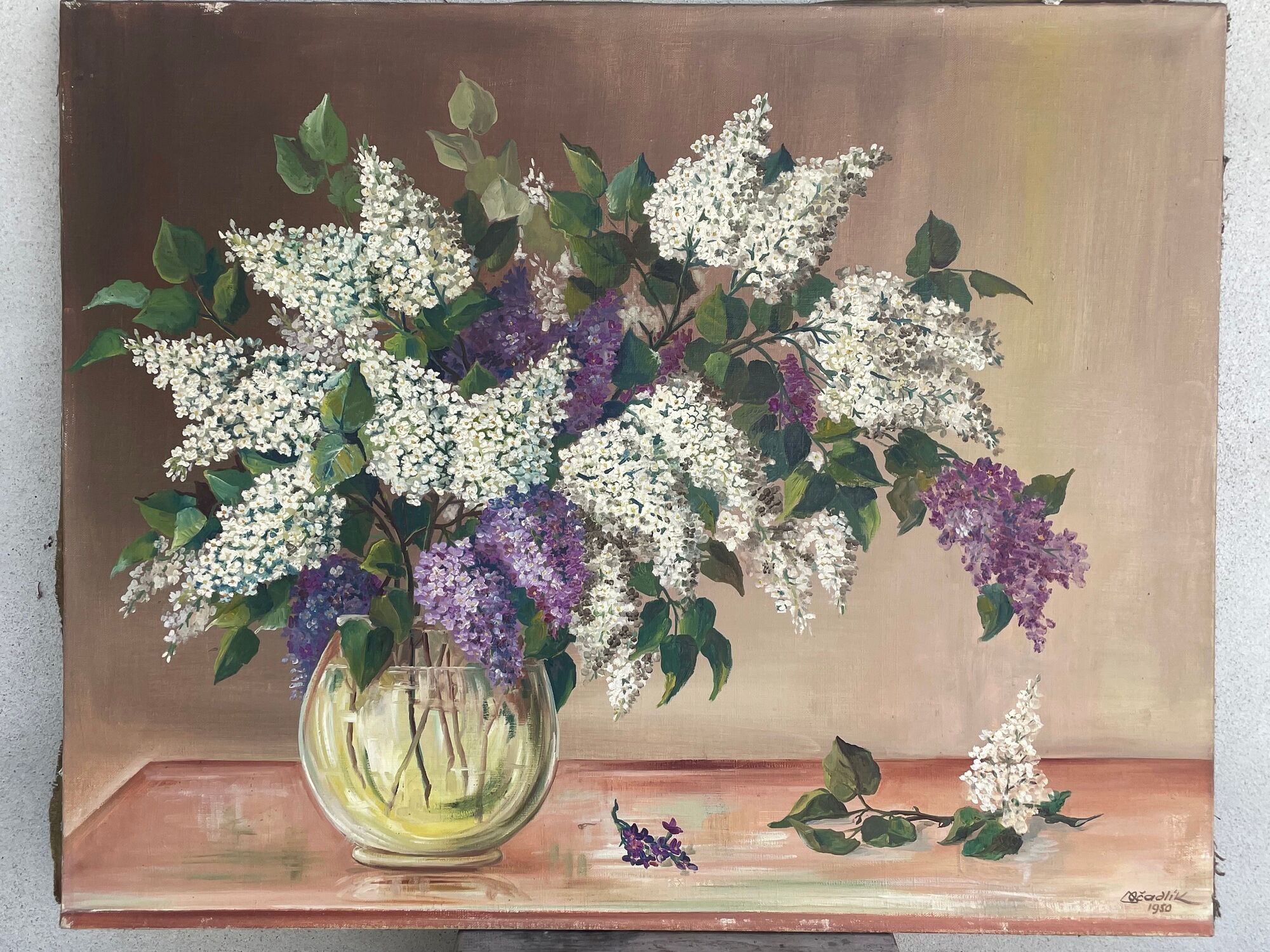 Painting without frame Oil on canvas Signed Ocadlik, Bouquet of lilacs