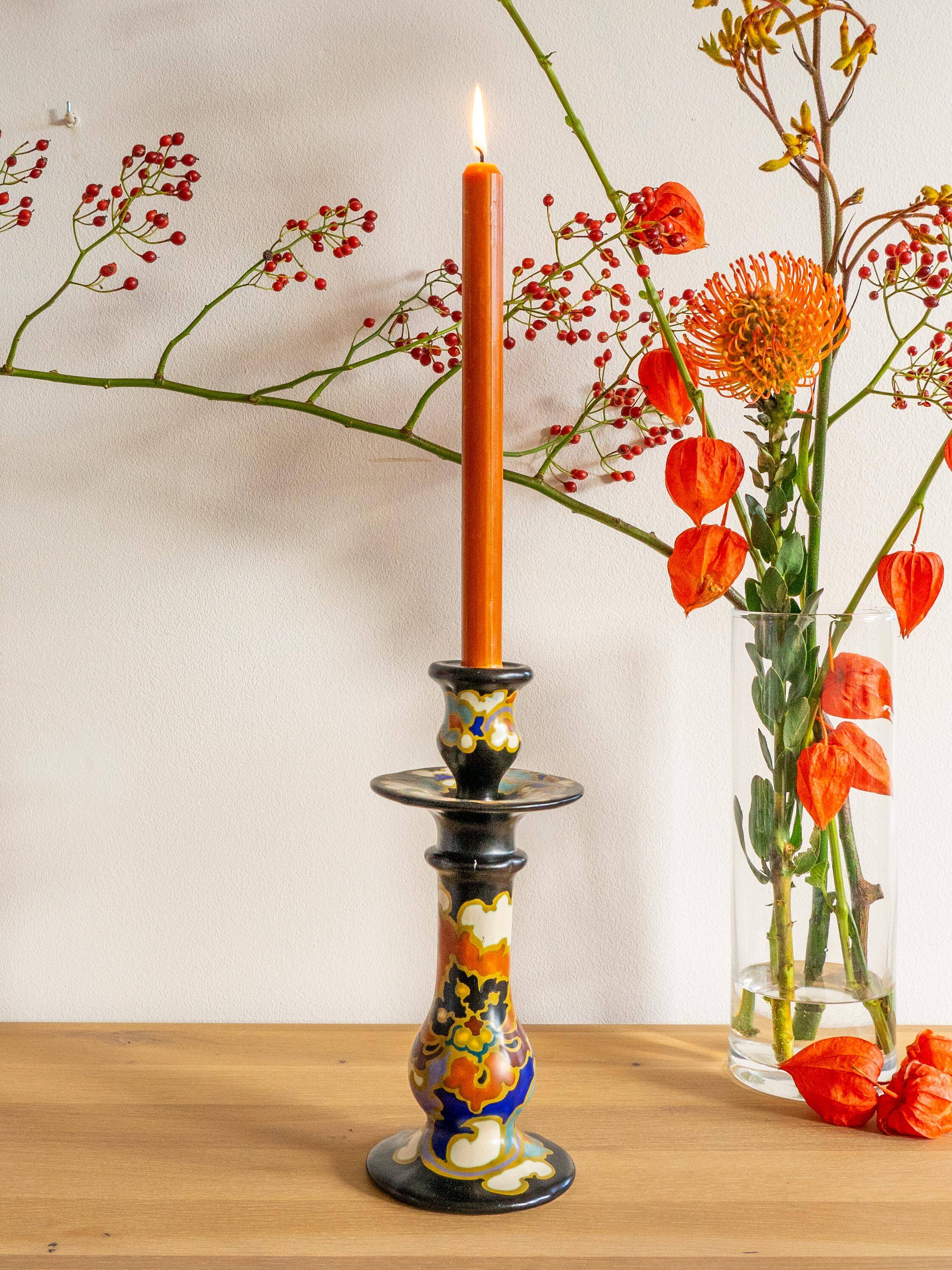 Hand-painted ceramic candlestick in Art Deco Revival style, Dutch Gouda pottery.