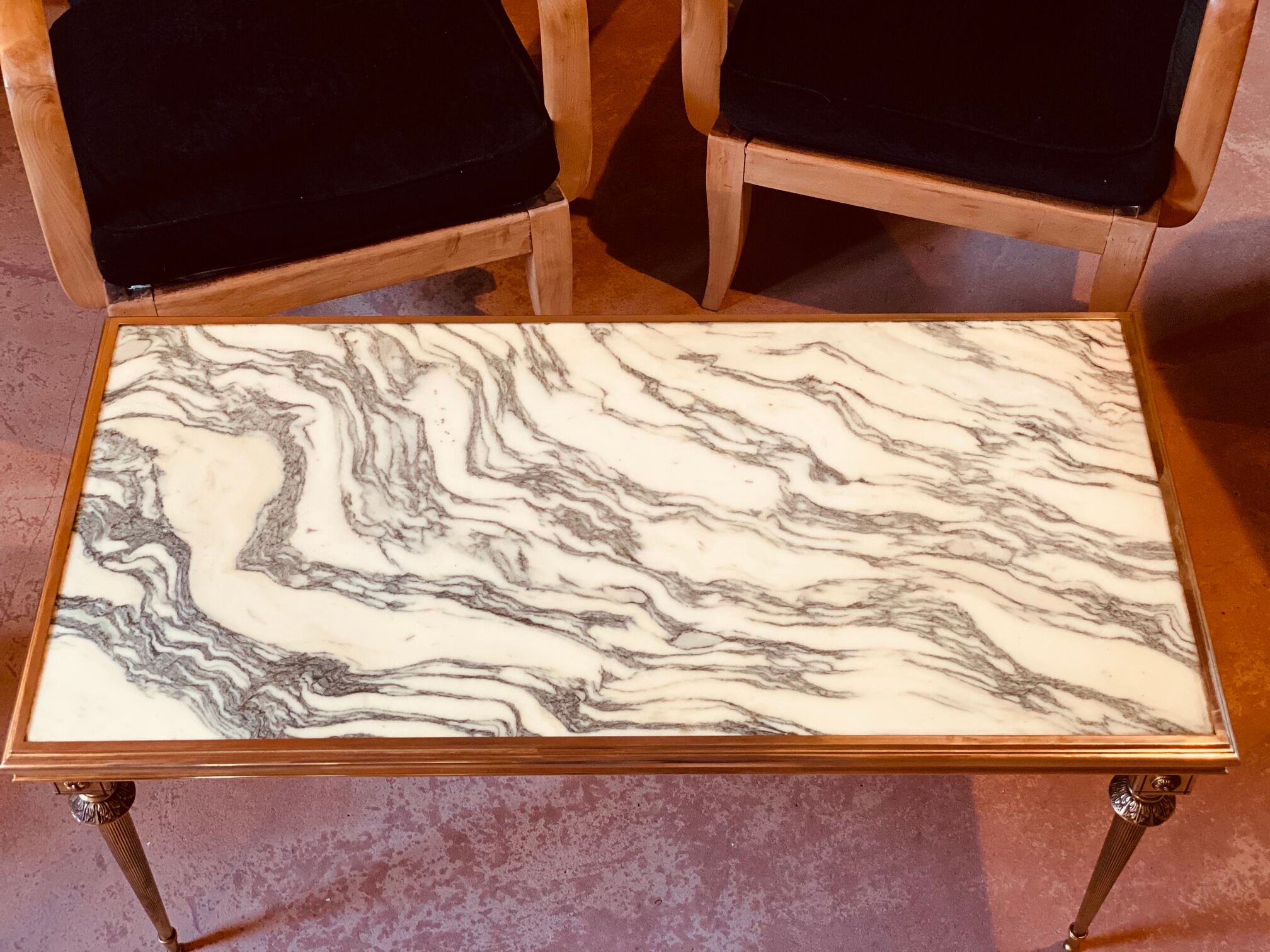 A mid-century marble top and brass frame coffee and cocktail table, circa 1960s